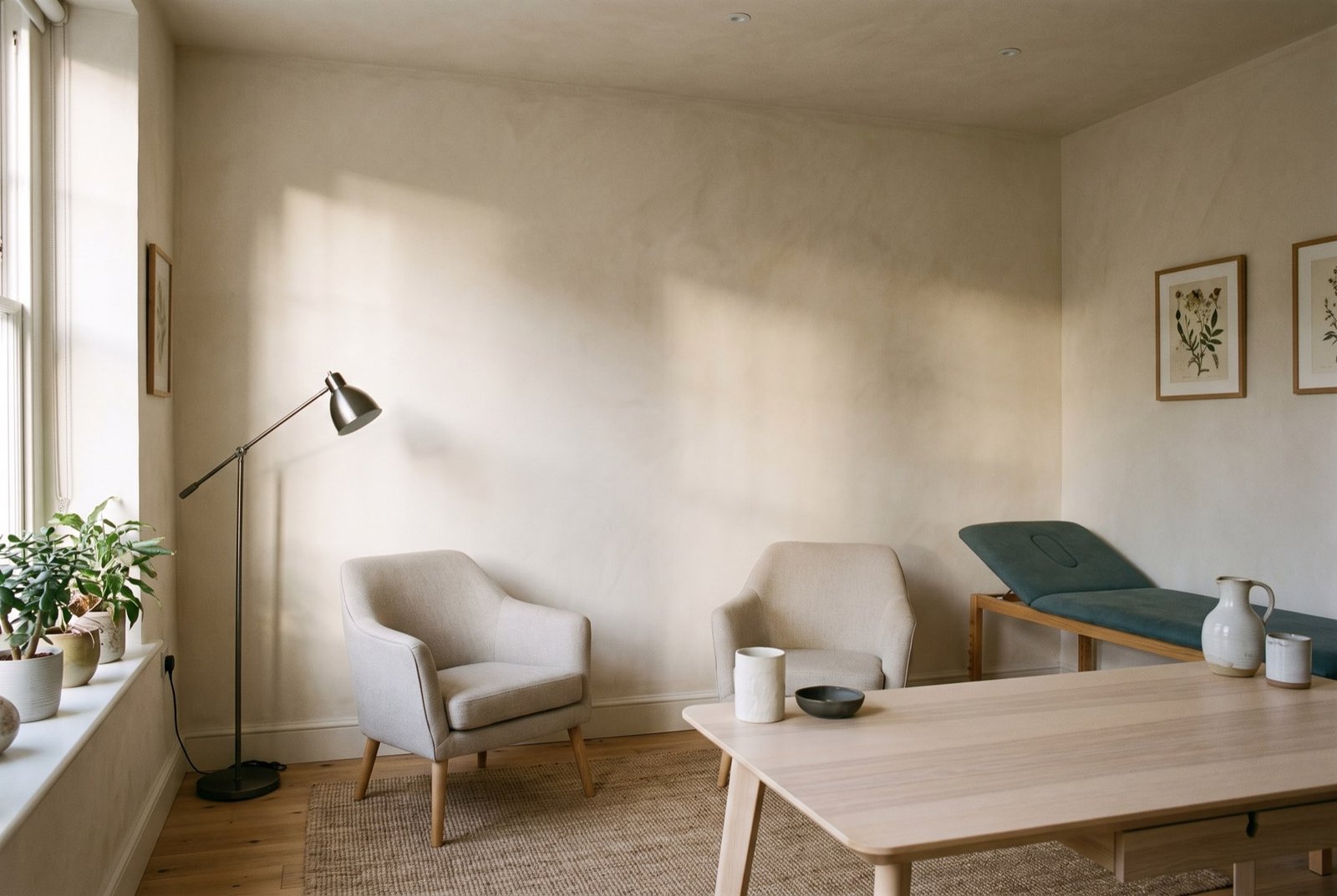 A calm clinical room with two chairs facing each other.